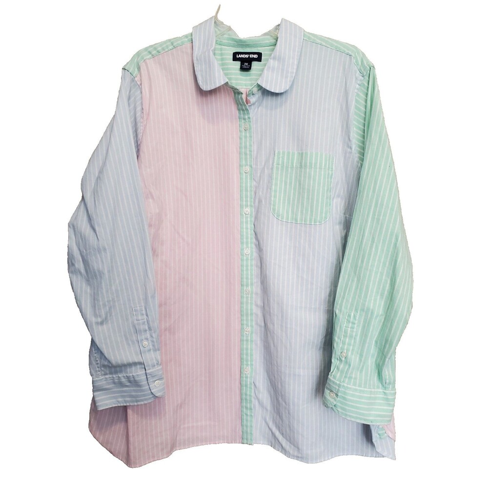 Lands' End Women's Striped Colorblock Long Sleeve Button-Up Shirt Size 2X